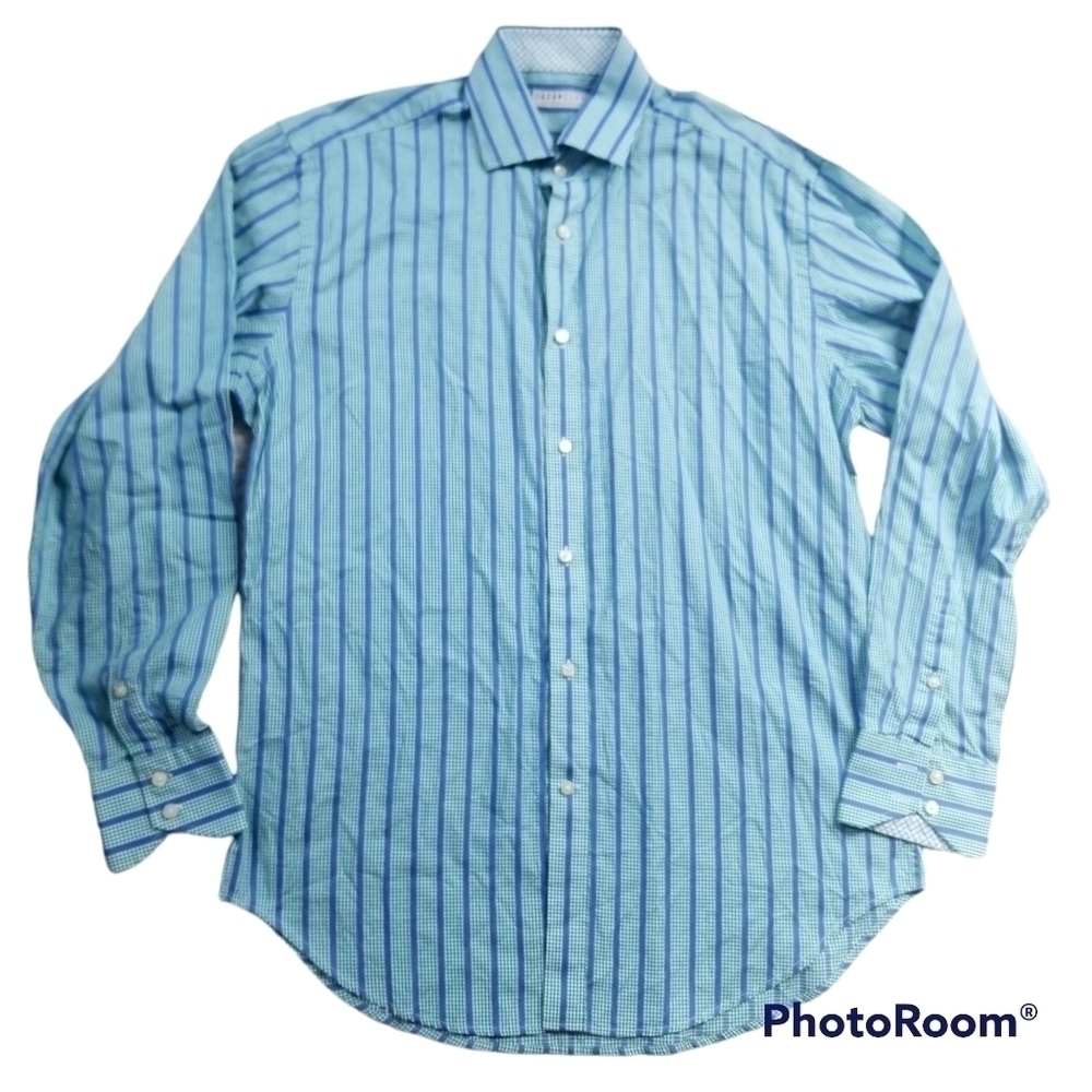 Jack Stone by Thomas Dean Blue stripe green check button front Dress Shirt